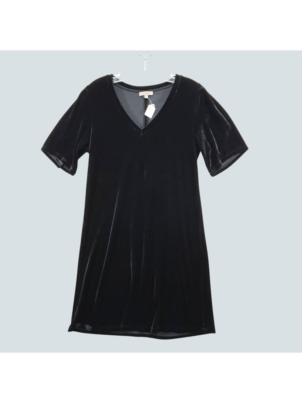 Lilla P Black Velvet Shift Dress Womens XS V Neck Short Sleeve Stretch Minimalis